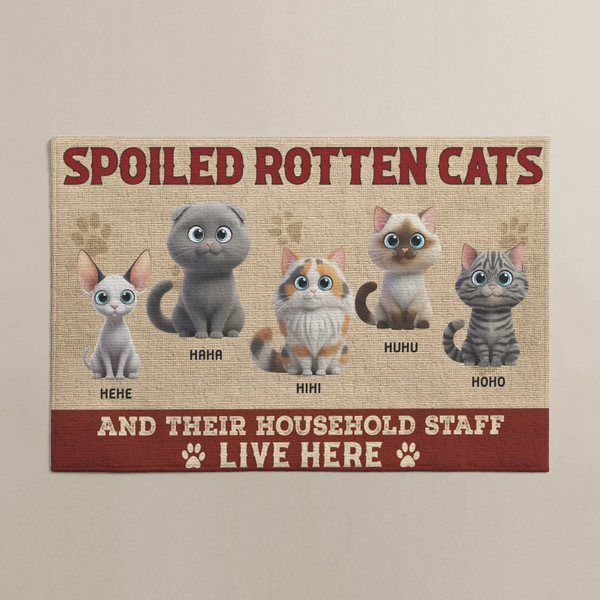 Personalized Spoiled Cats Live Here 3D welcome doormat with custom cat illustrations