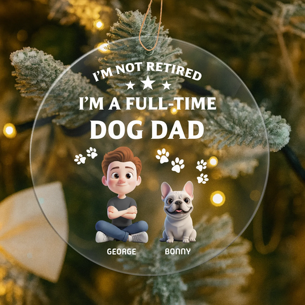 Personalized 3D Christmas ornament showing dog dad and dog mom with their custom illustrated pets