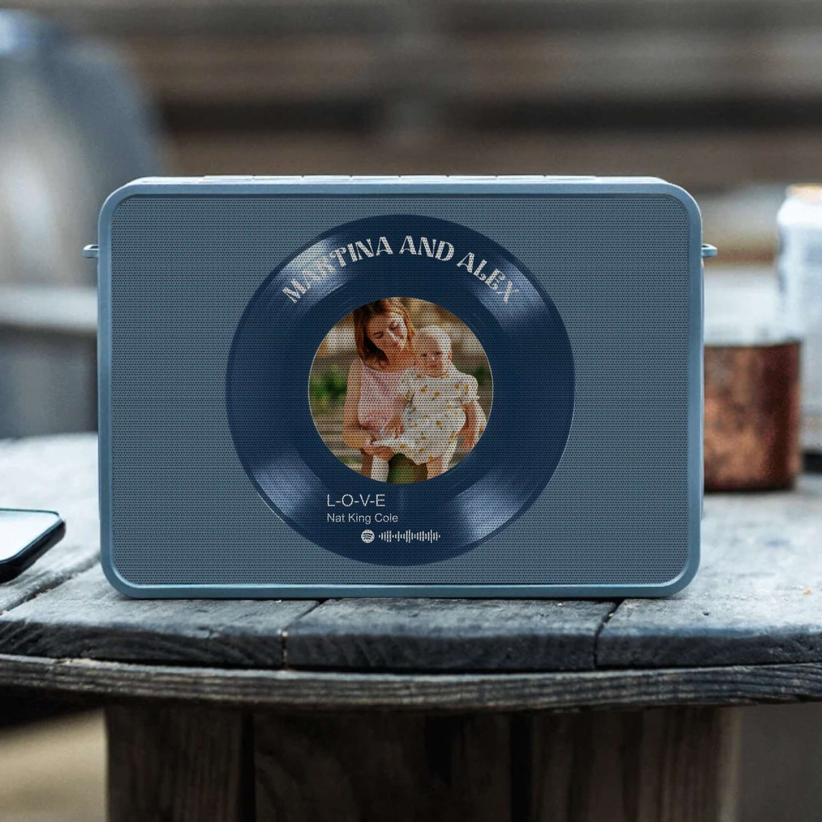 Personalized record speaker with custom Spotify photo design for music lover home decor