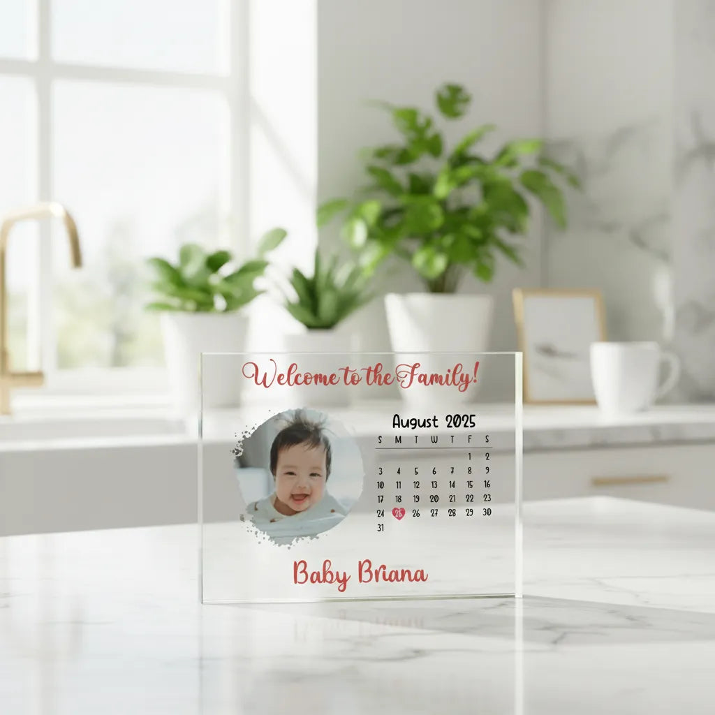Personalized Welcome to the Family acrylic calendar block for new arrivals and milestones