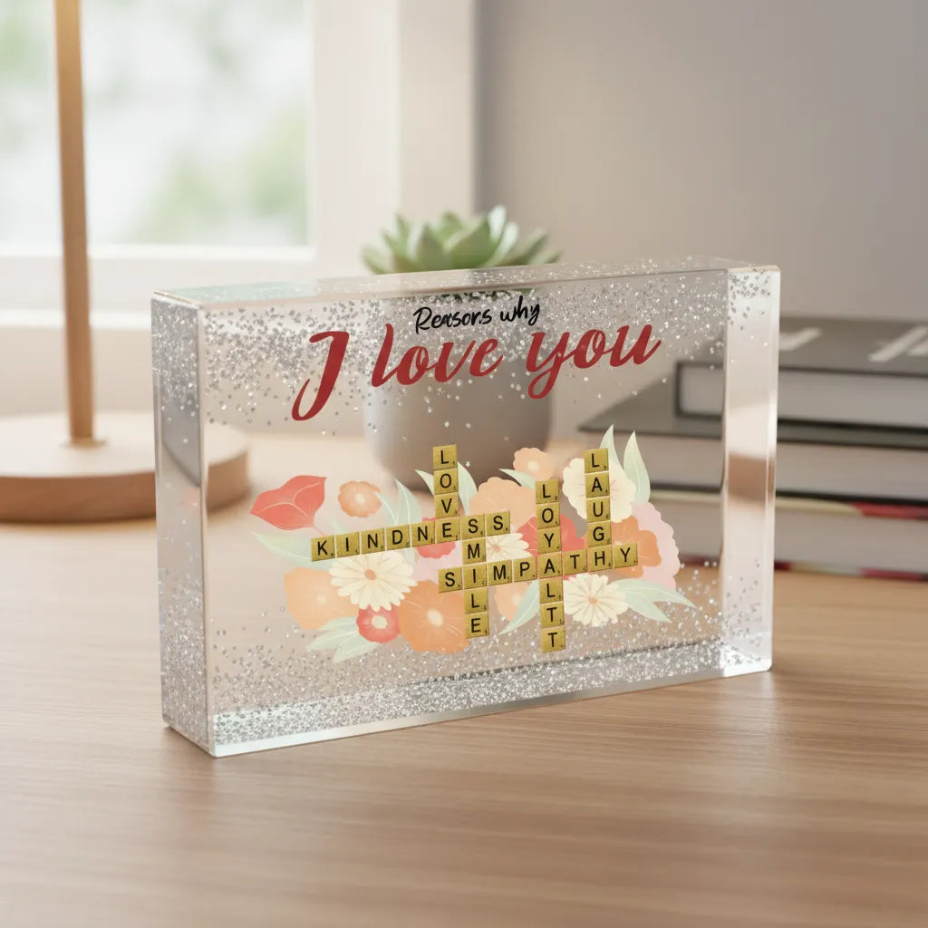 Personalized glitter picture frame with Love Crosswords design for anniversary couples gift