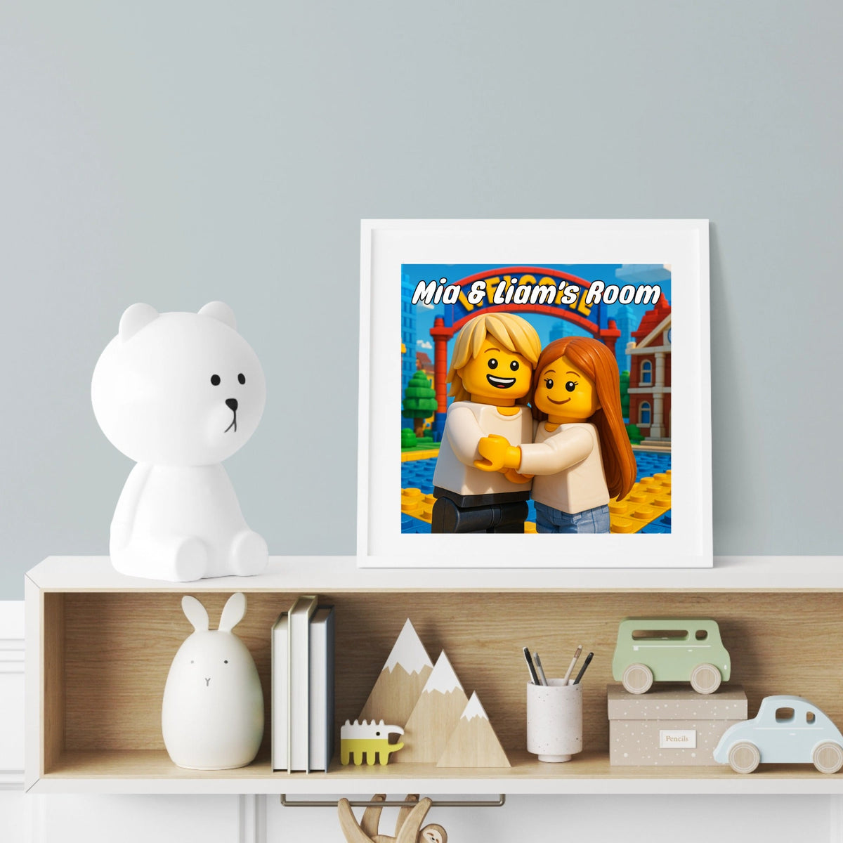 Personalized wooden framed art in Lego style for kid-themed playful home decor display