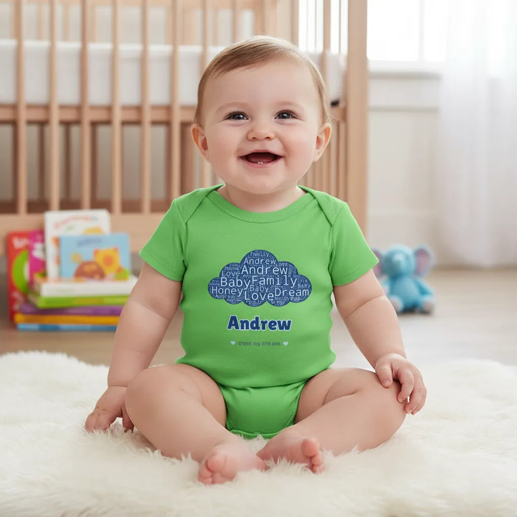 Personalized baby bodysuit with custom word cloud design for newborn keepsake gift