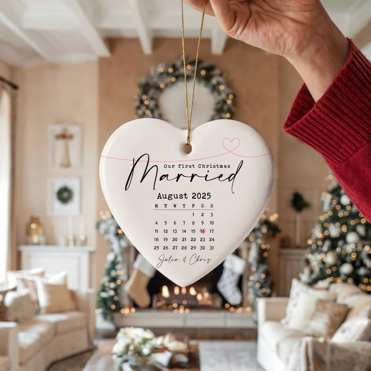Personalized First Christmas Married ornament with custom names and wedding date for newlyweds