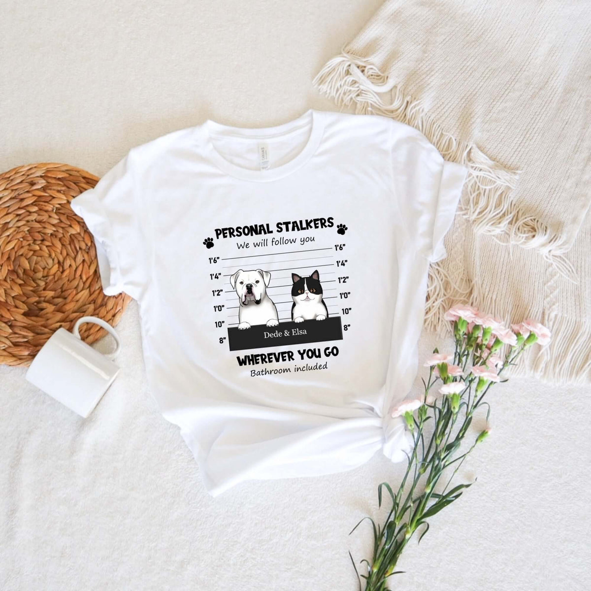 Personalized pet t-shirt with funny Personal Stalkers design celebrating dog and cat owners