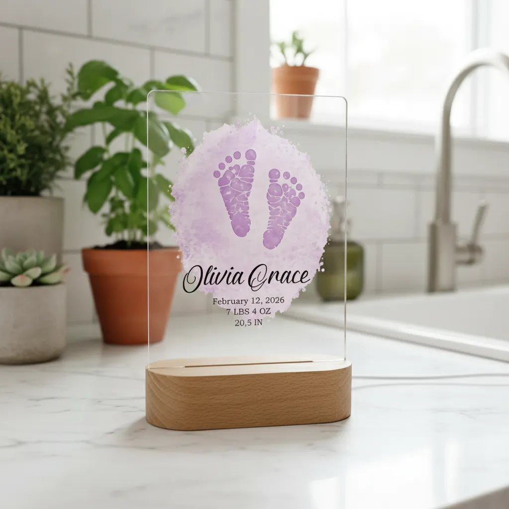 Modern personalized acrylic nightstand light featuring newborn baby name for nursery