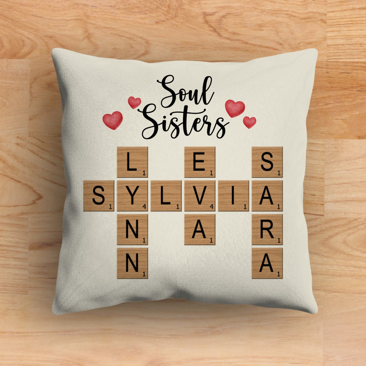 Personalized Soul Sisters crossword cushion with custom design celebrating sister bonds