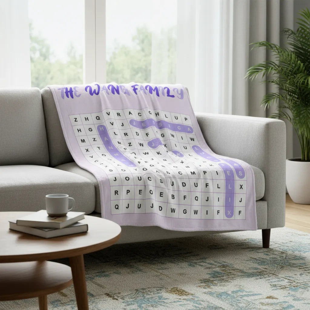 Personalized sherpa blanket with custom word search puzzle design for cozy interactive decor