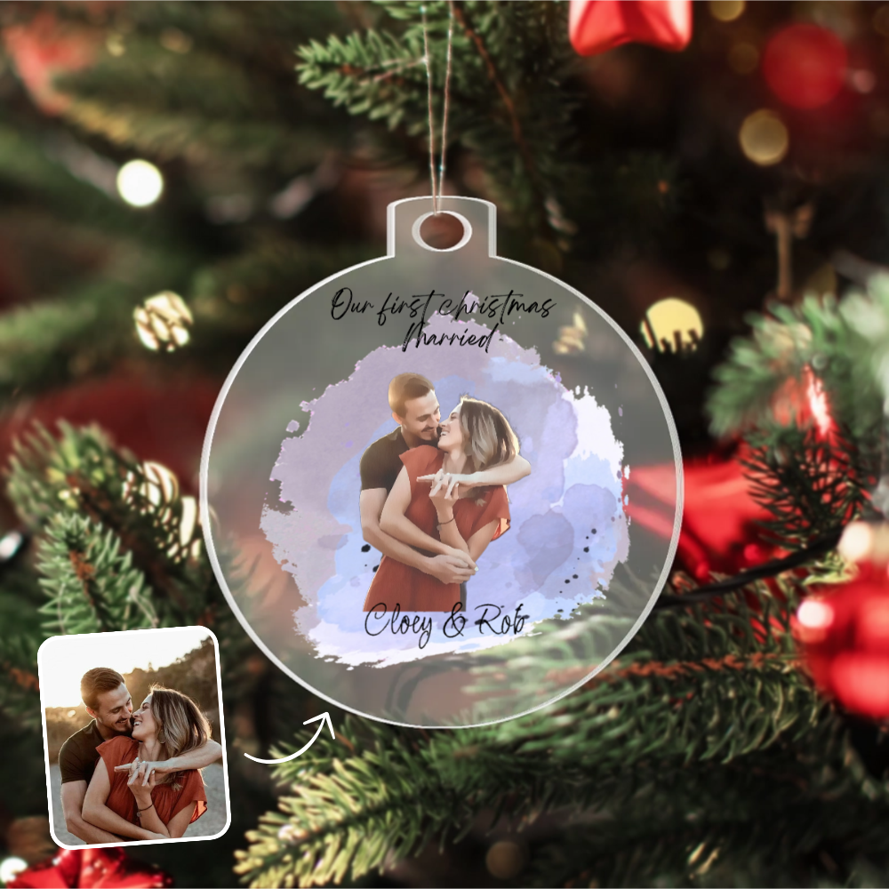 Personalized acrylic ornament with watercolor photo for Our First Christmas Married keepsake