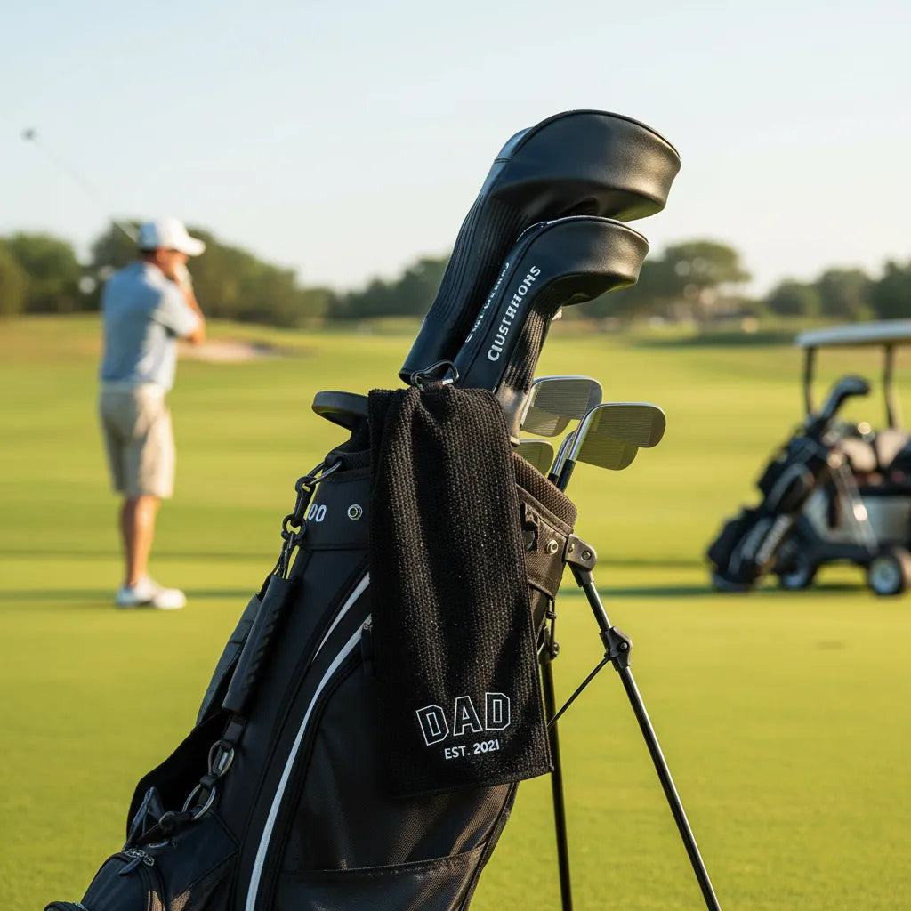 Personalized golf towel with custom text or design for golf enthusiasts and dads