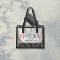 Personalized clear tote bag with alternating color text design for unique everyday use