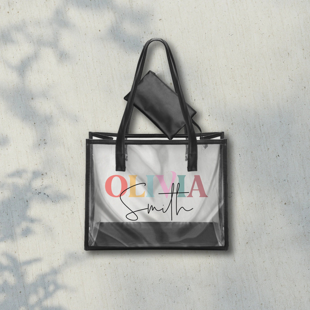 Personalized clear tote bag with alternating color text design for unique everyday use