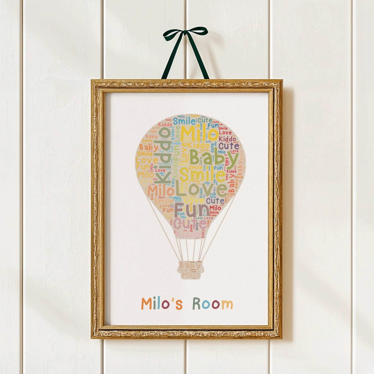 Personalized golden frame with custom word cloud art for kids celebrating their interests