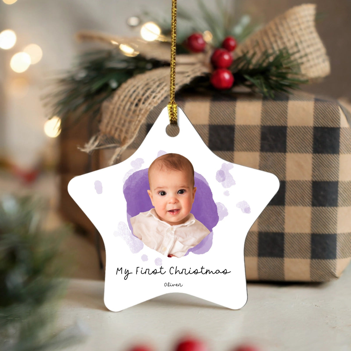 Personalized high gloss photo ornament with custom design for holiday tree keepsake