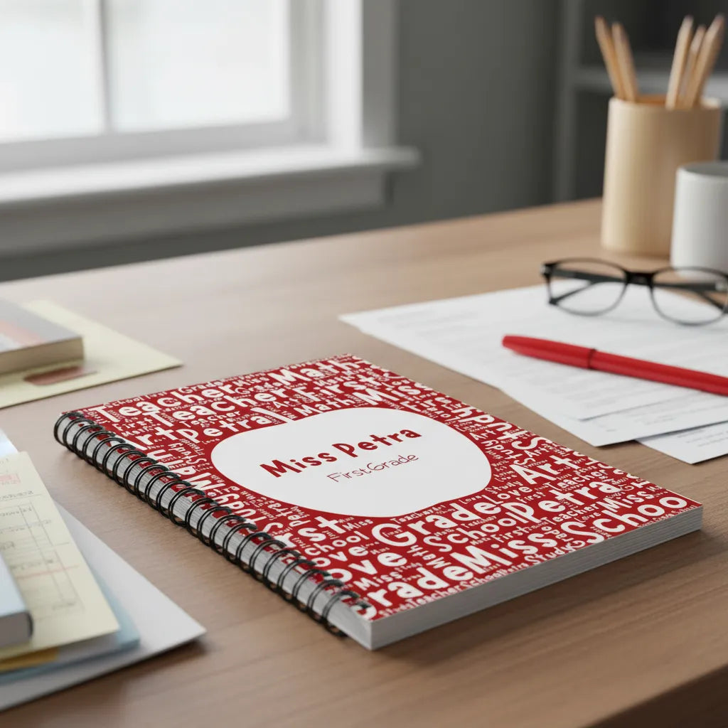 Personalized spiral notebook with custom word cloud cover design for journaling and notes