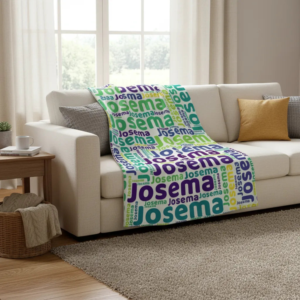 Personalized fleece blanket with custom name word cloud design for cozy meaningful home decor