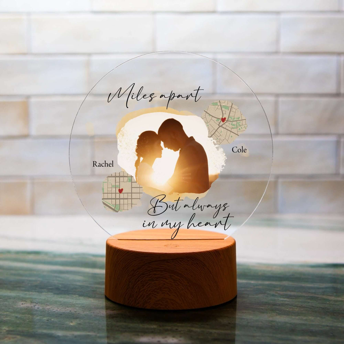 Personalized acrylic plaque with LED base featuring Miles Apart message for long distance love