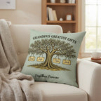Personalized square pillow featuring Grandpa's Greatest Gifts custom family names design