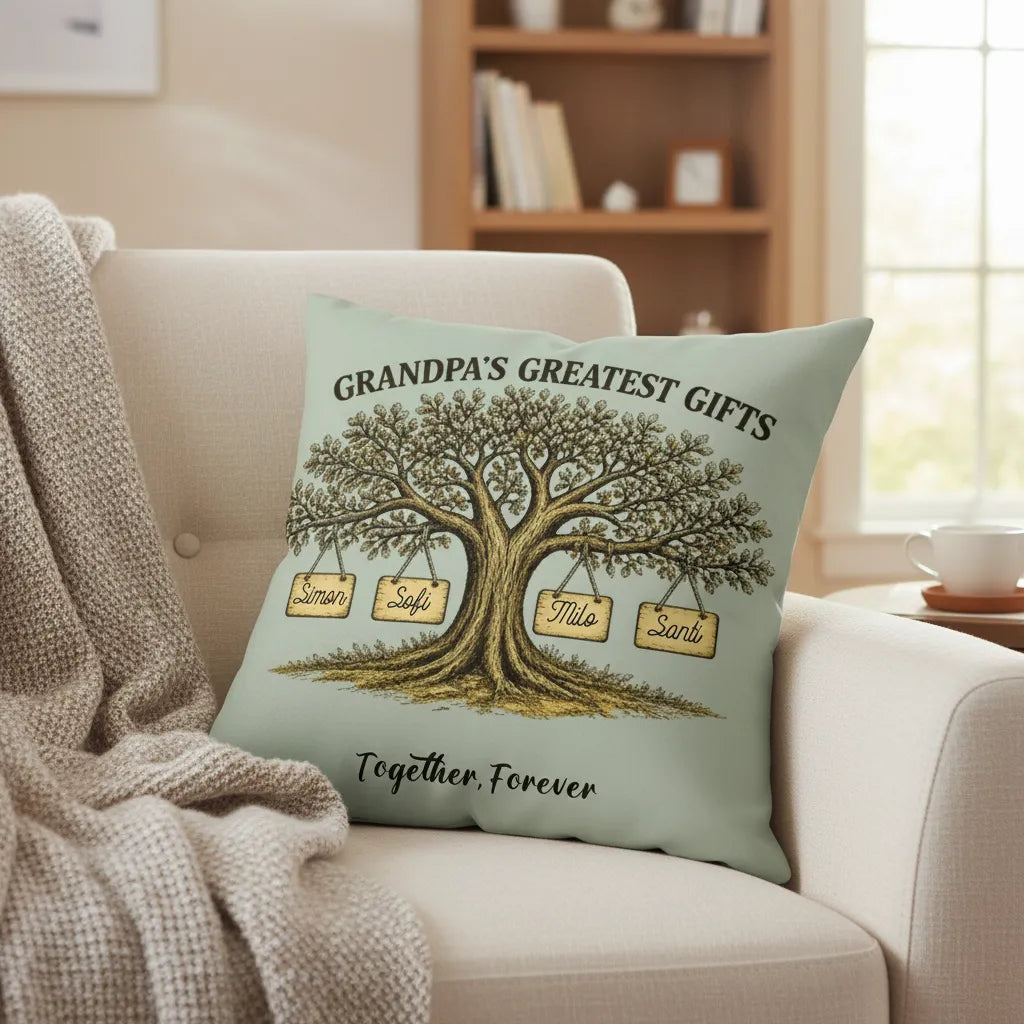 Personalized square pillow featuring Grandpa's Greatest Gifts custom family names design