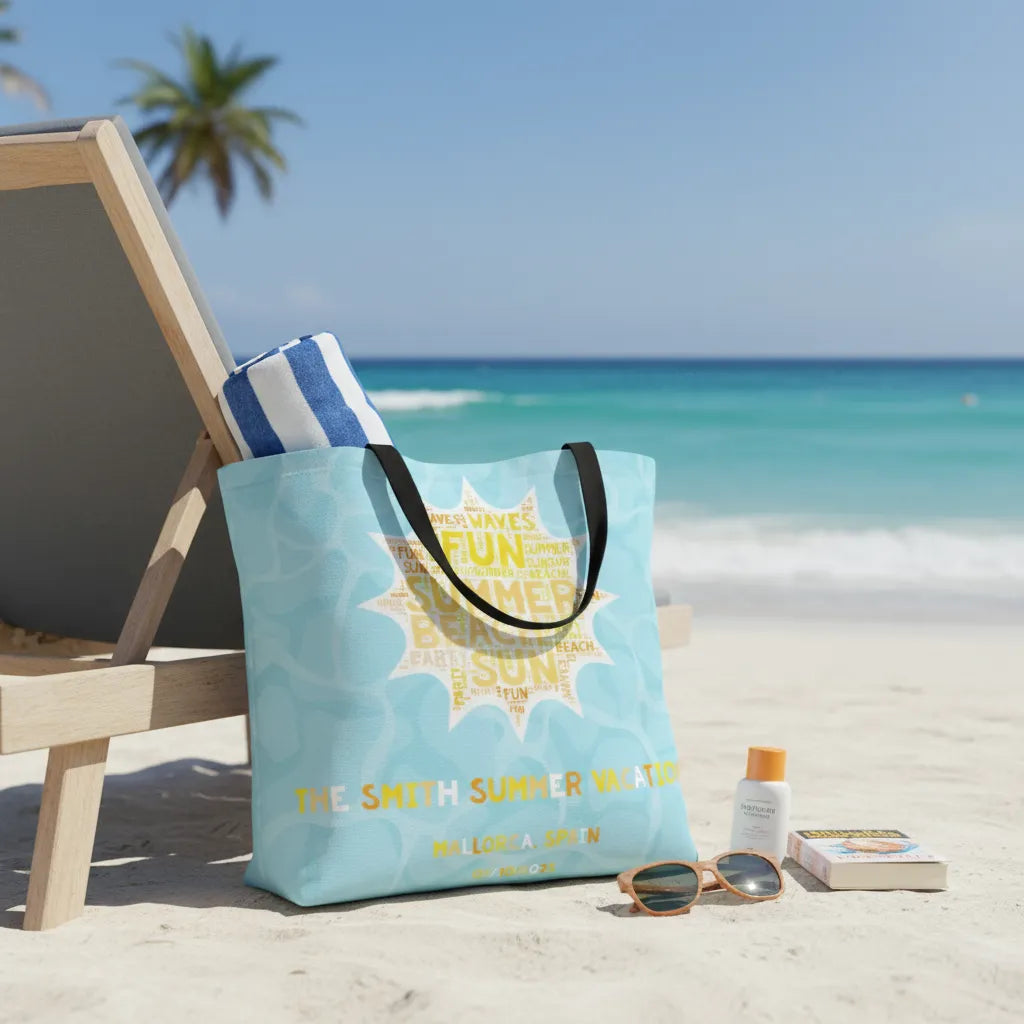 Personalized summer tote bag with custom word cloud design for everyday use and travel