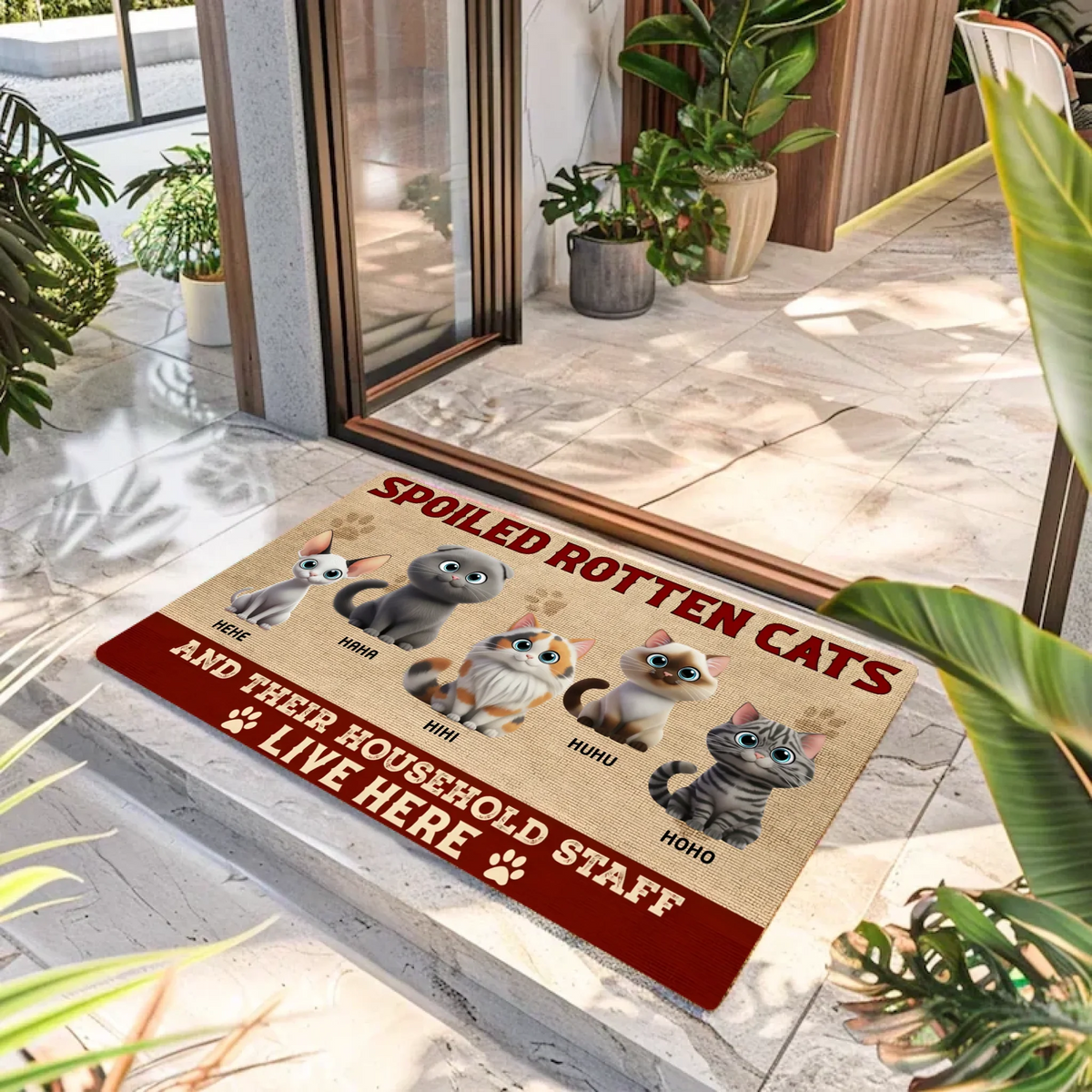 Personalized Spoiled Cats Live Here 3D welcome doormat with custom cat illustrations
