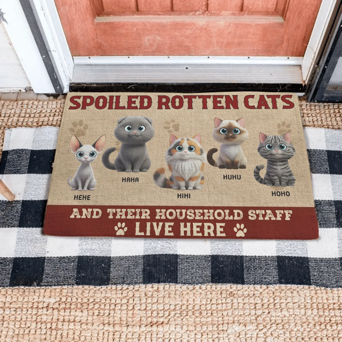 Personalized Spoiled Cats Live Here 3D welcome doormat with custom cat illustrations