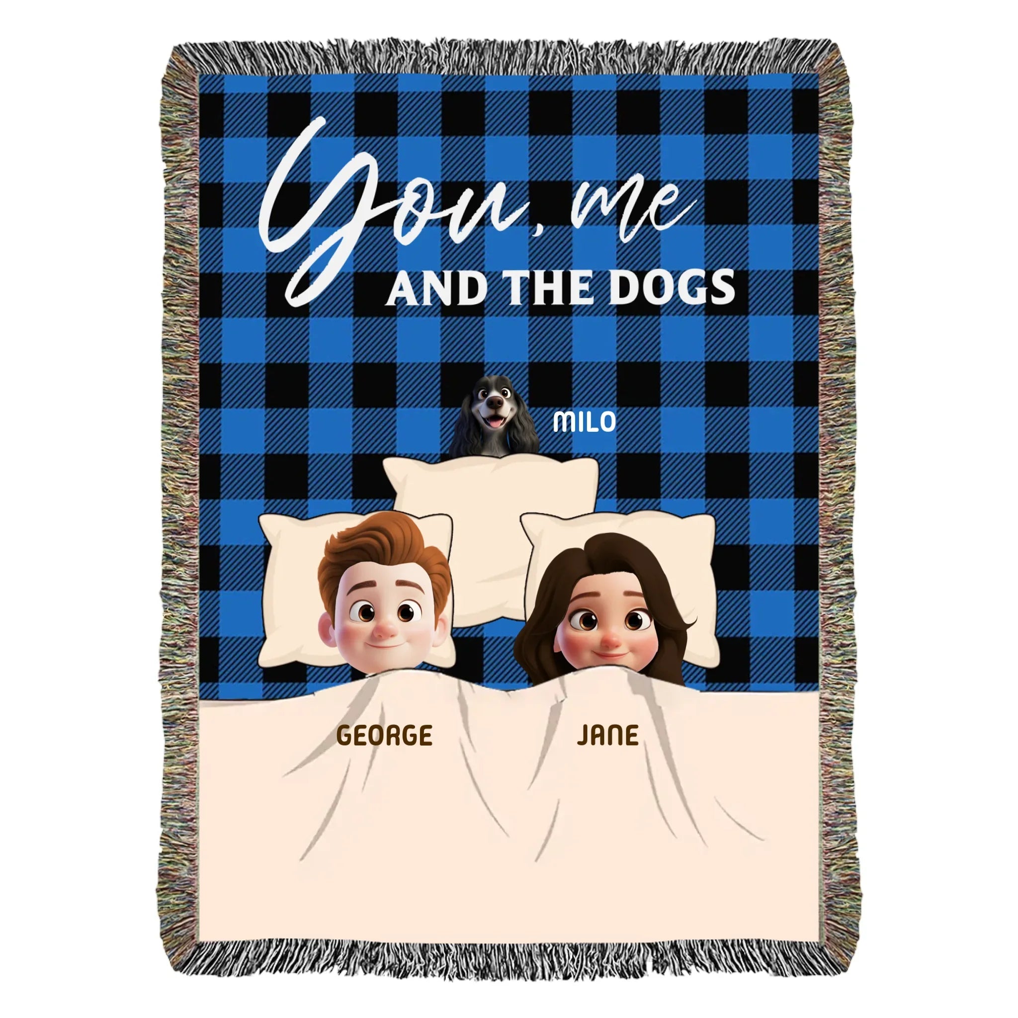 Personalized woven bed blanket featuring You Me and the Dogs design with custom 3D pets
