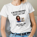 Personalized Cat Lady 3D t-shirt design showing woman with her custom illustrated cats