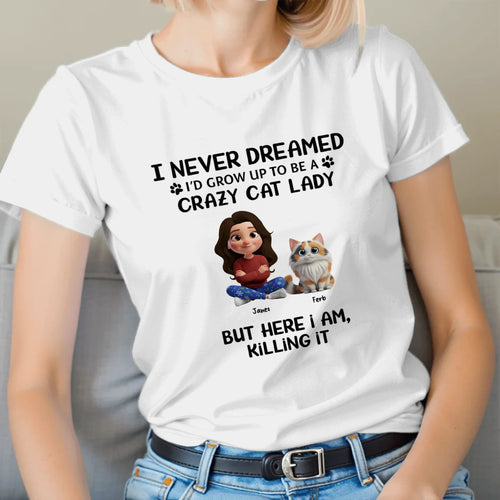 Personalized Cat Lady 3D t-shirt design showing woman with her custom illustrated cats