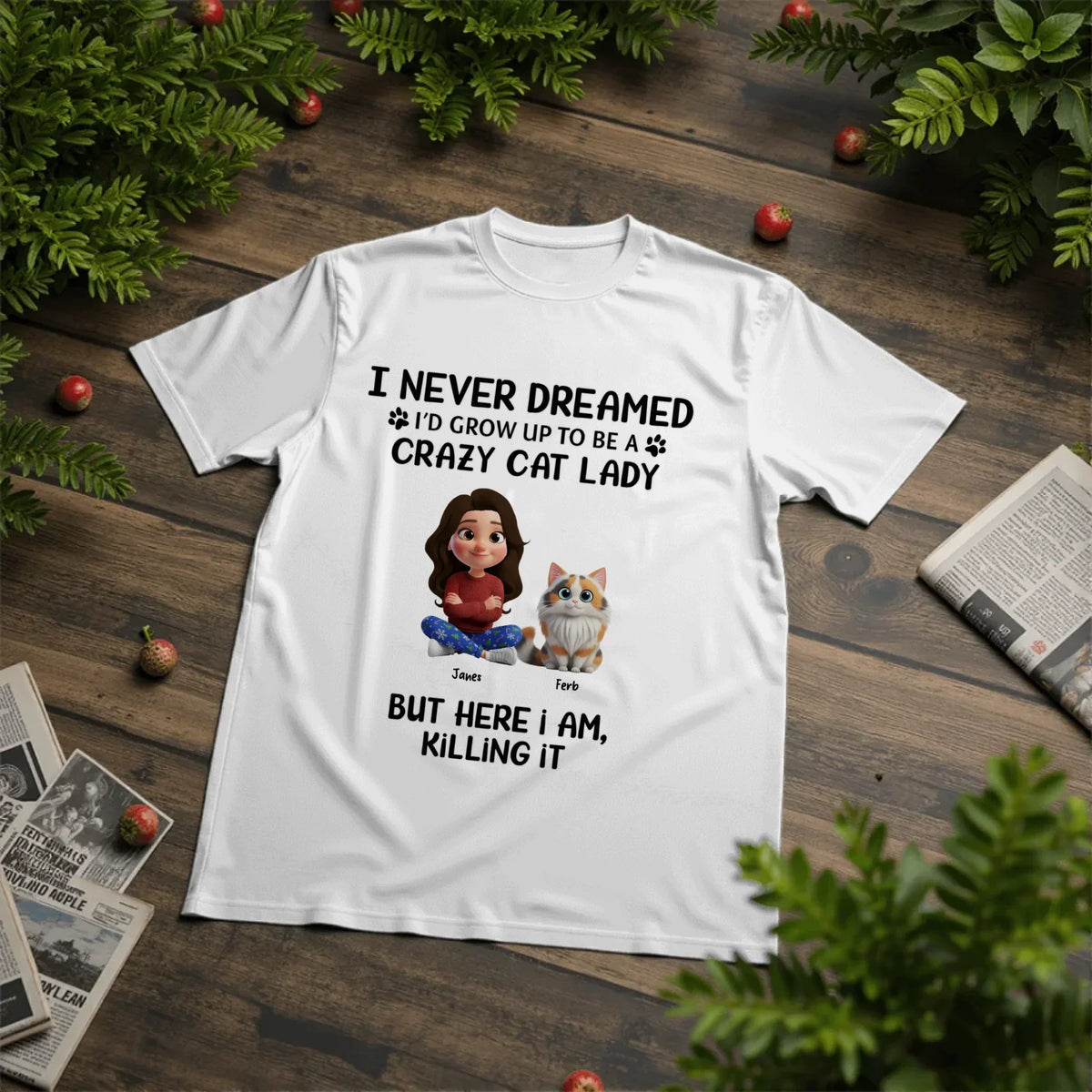 Personalized Cat Lady 3D t-shirt design showing woman with her custom illustrated cats