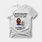 Personalized Cat Lady 3D t-shirt design showing woman with her custom illustrated cats