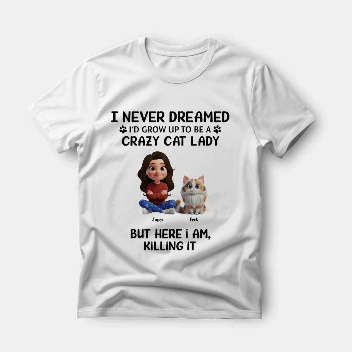 Personalized Cat Lady 3D t-shirt design showing woman with her custom illustrated cats