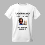 Personalized Cat Lady 3D t-shirt design showing woman with her custom illustrated cats