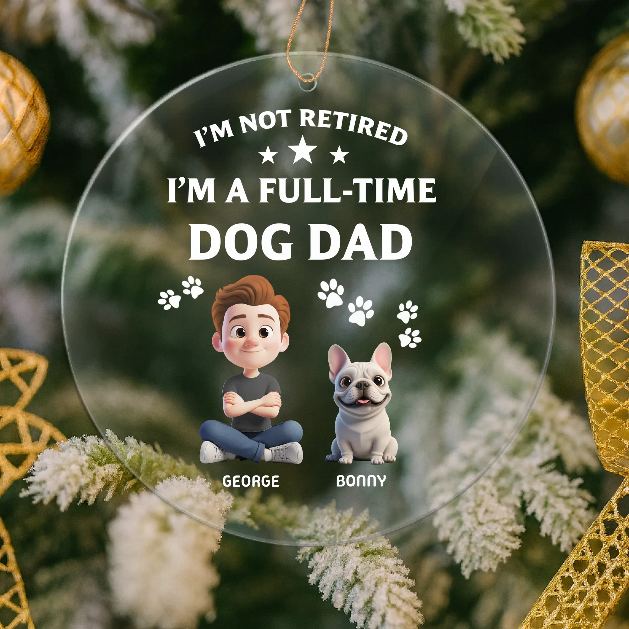 Personalized 3D Christmas ornament showing dog dad and dog mom with their custom illustrated pets