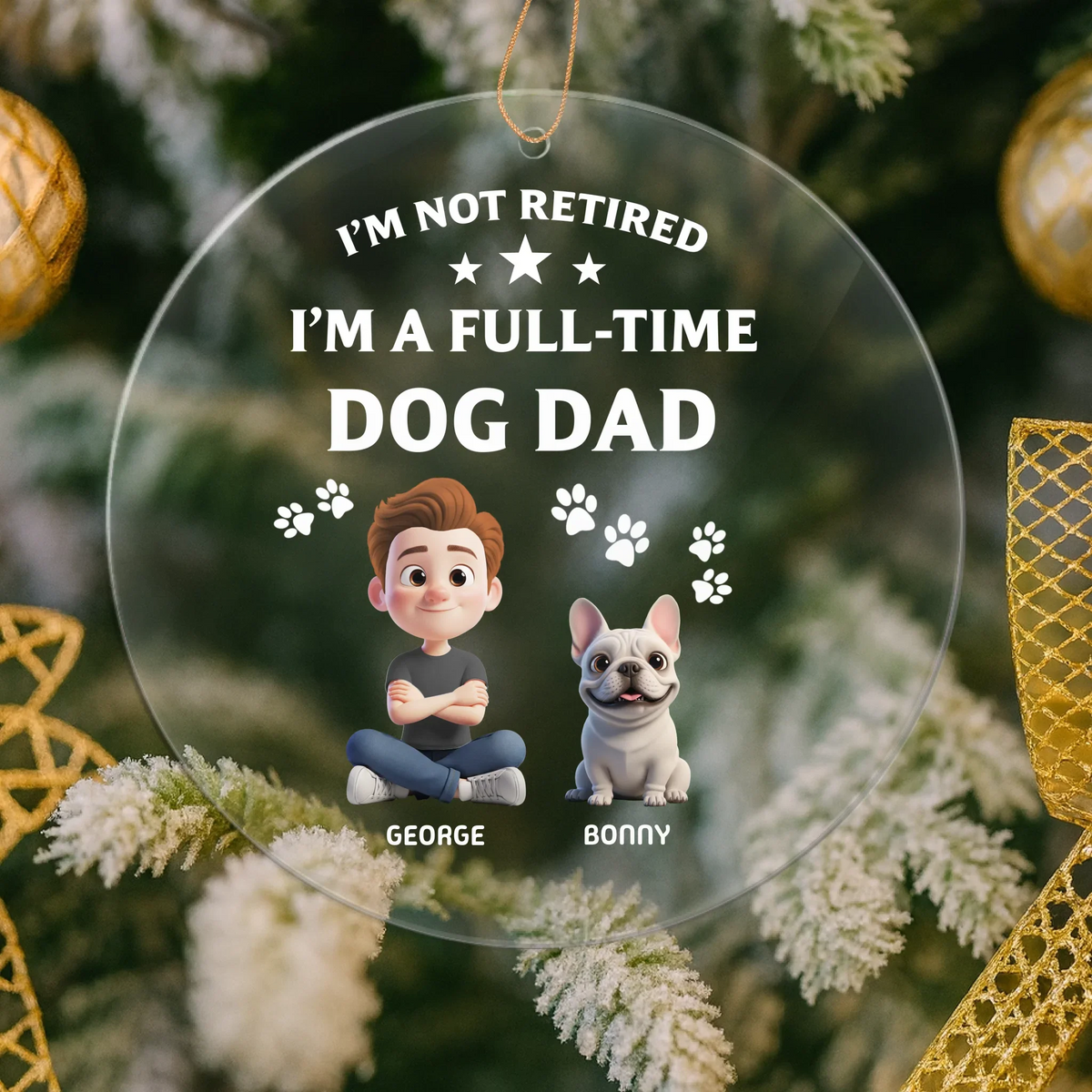 Personalized 3D Christmas ornament showing dog dad and dog mom with their custom illustrated pets