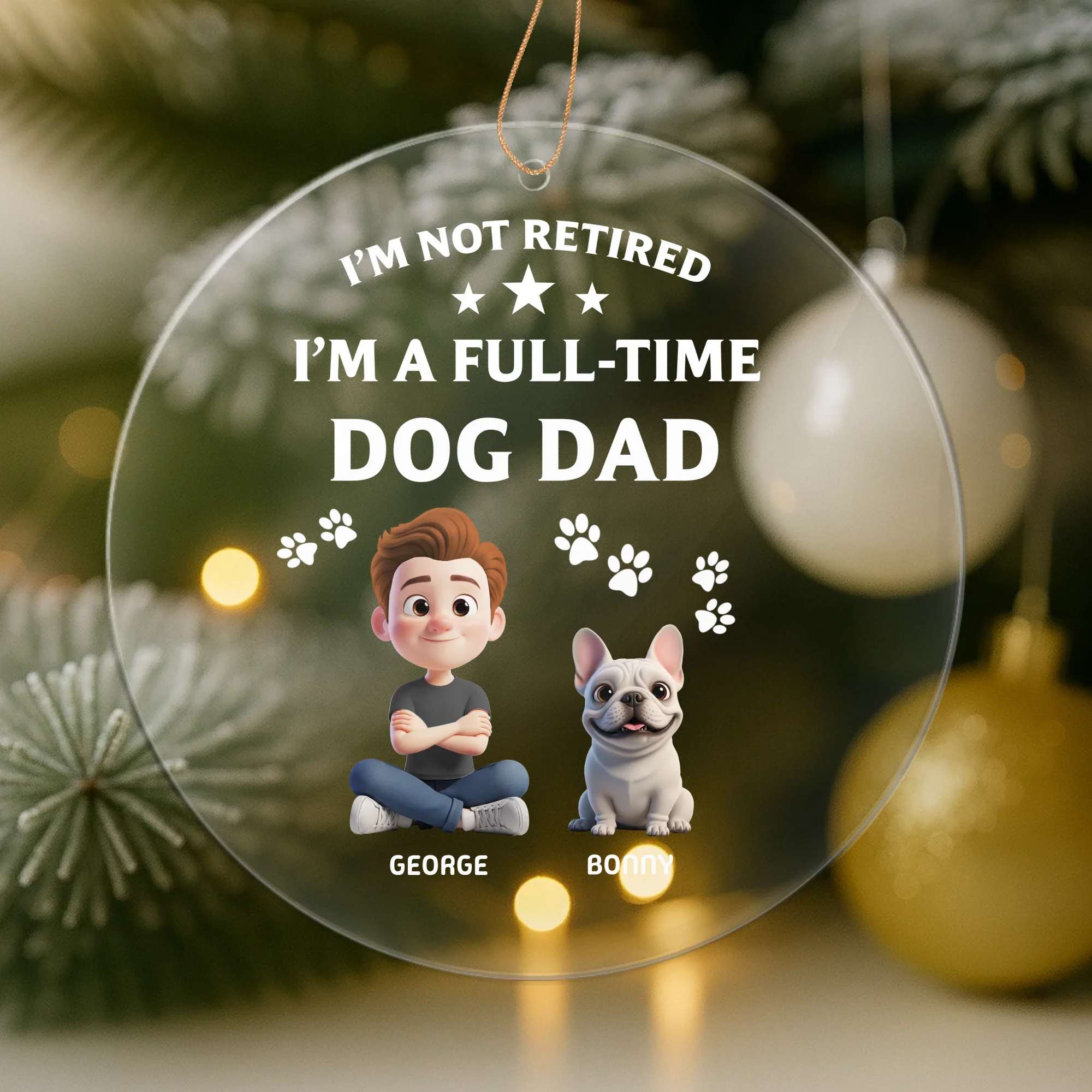 Personalized 3D Christmas ornament showing dog dad and dog mom with their custom illustrated pets