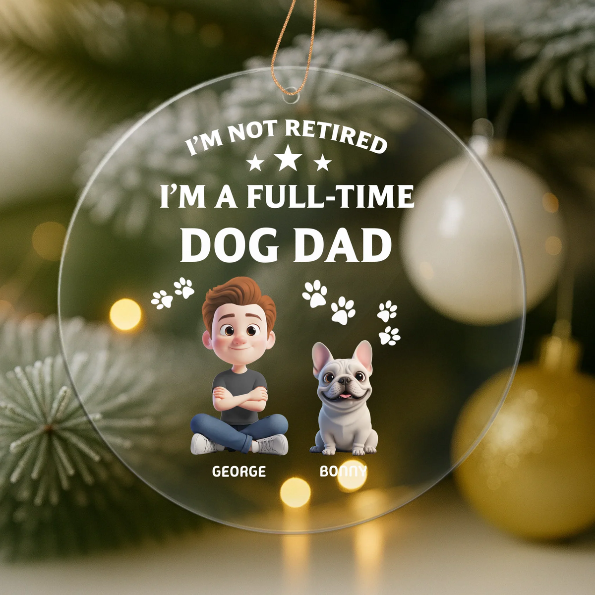 Personalized 3D Christmas ornament showing dog dad and dog mom with their custom illustrated pets