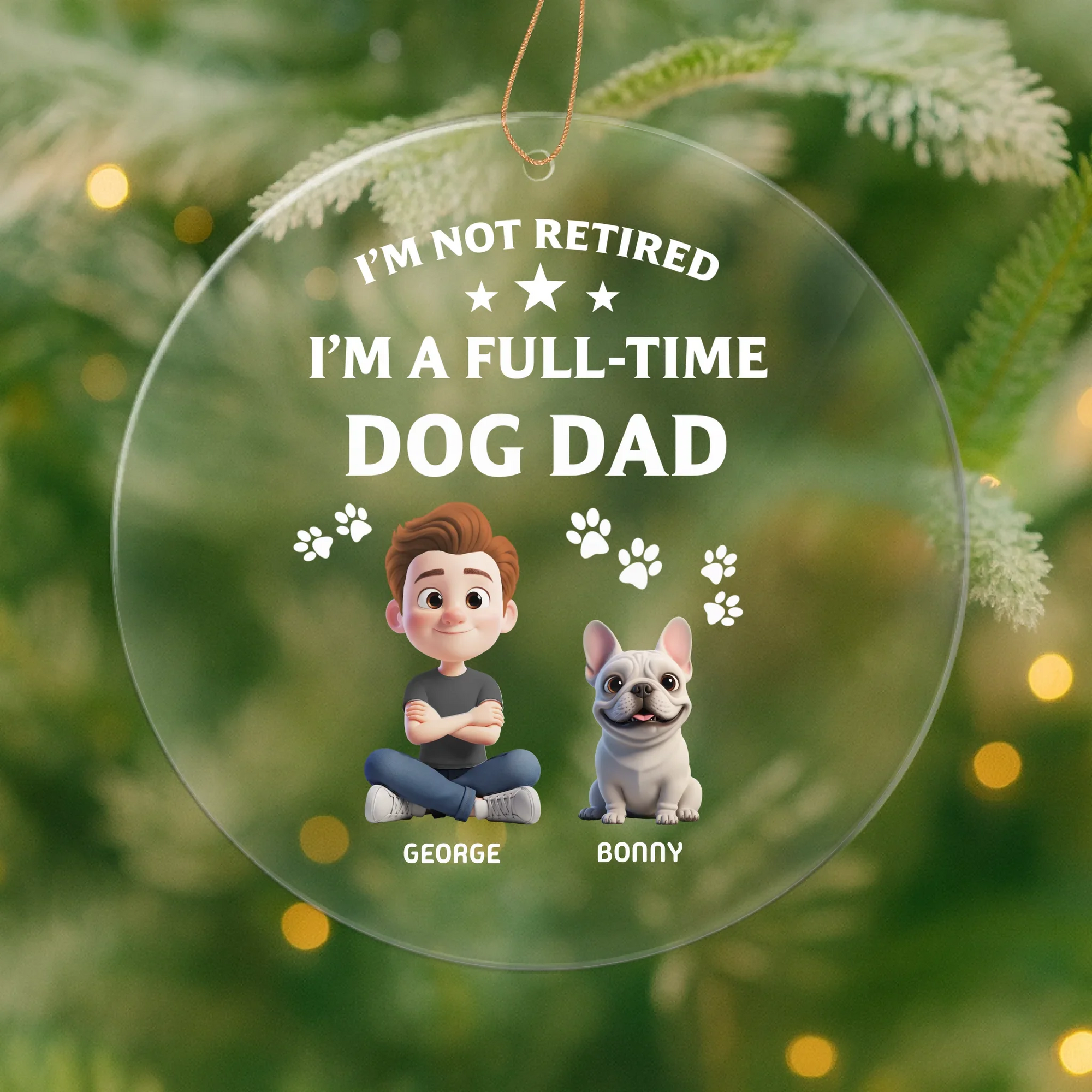Personalized 3D Christmas ornament showing dog dad and dog mom with their custom illustrated pets