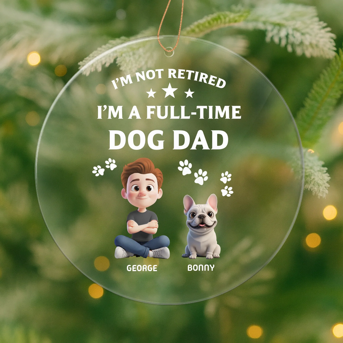 Personalized 3D Christmas ornament showing dog dad and dog mom with their custom illustrated pets