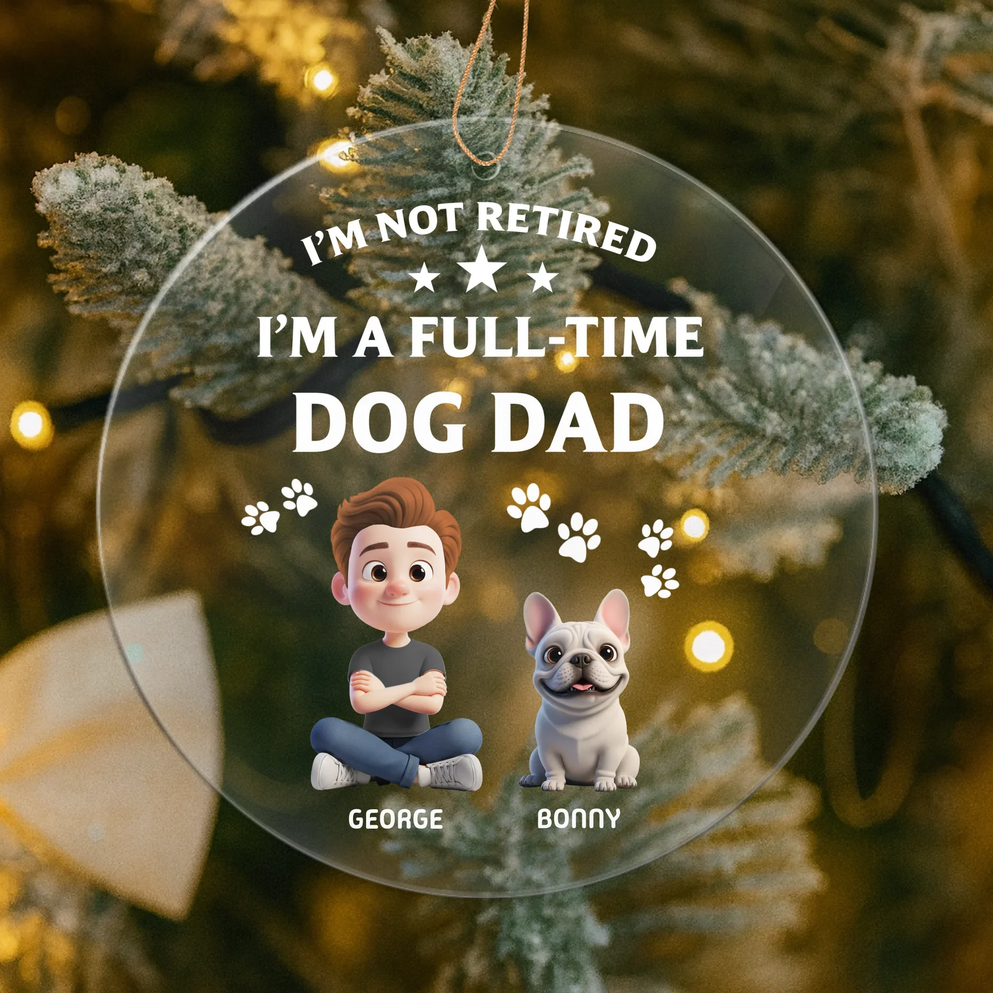 Personalized 3D Christmas ornament showing dog dad and dog mom with their custom illustrated pets