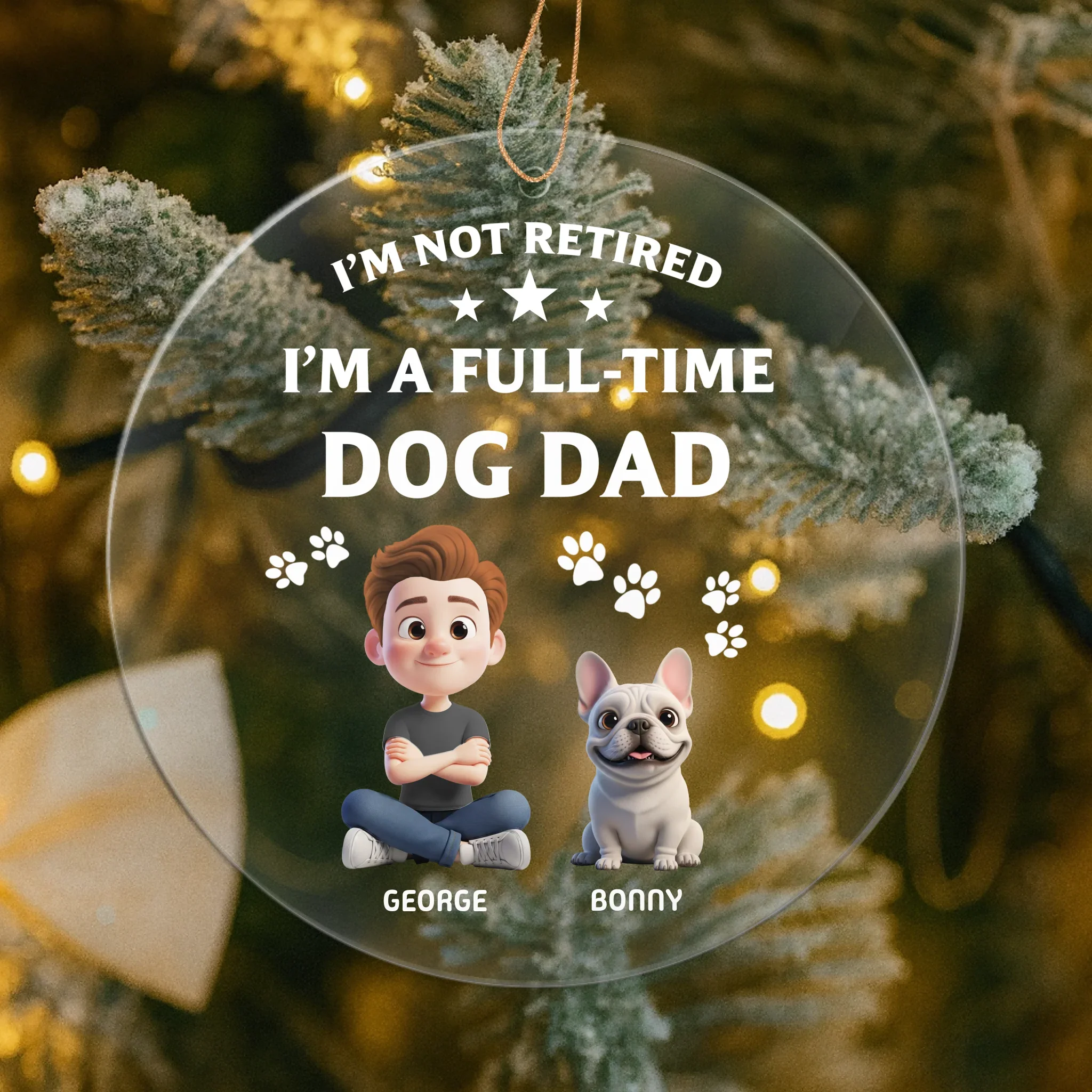 Personalized 3D Christmas ornament showing dog dad and dog mom with their custom illustrated pets