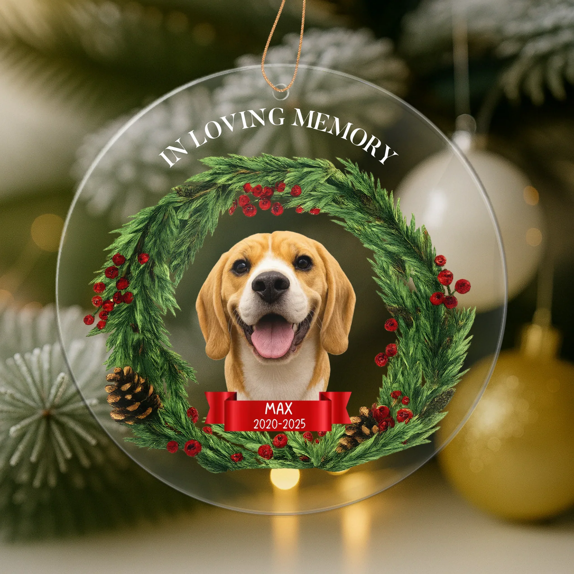 Personalized memorial Christmas ornament with custom photo face cutout to honor a loved one
