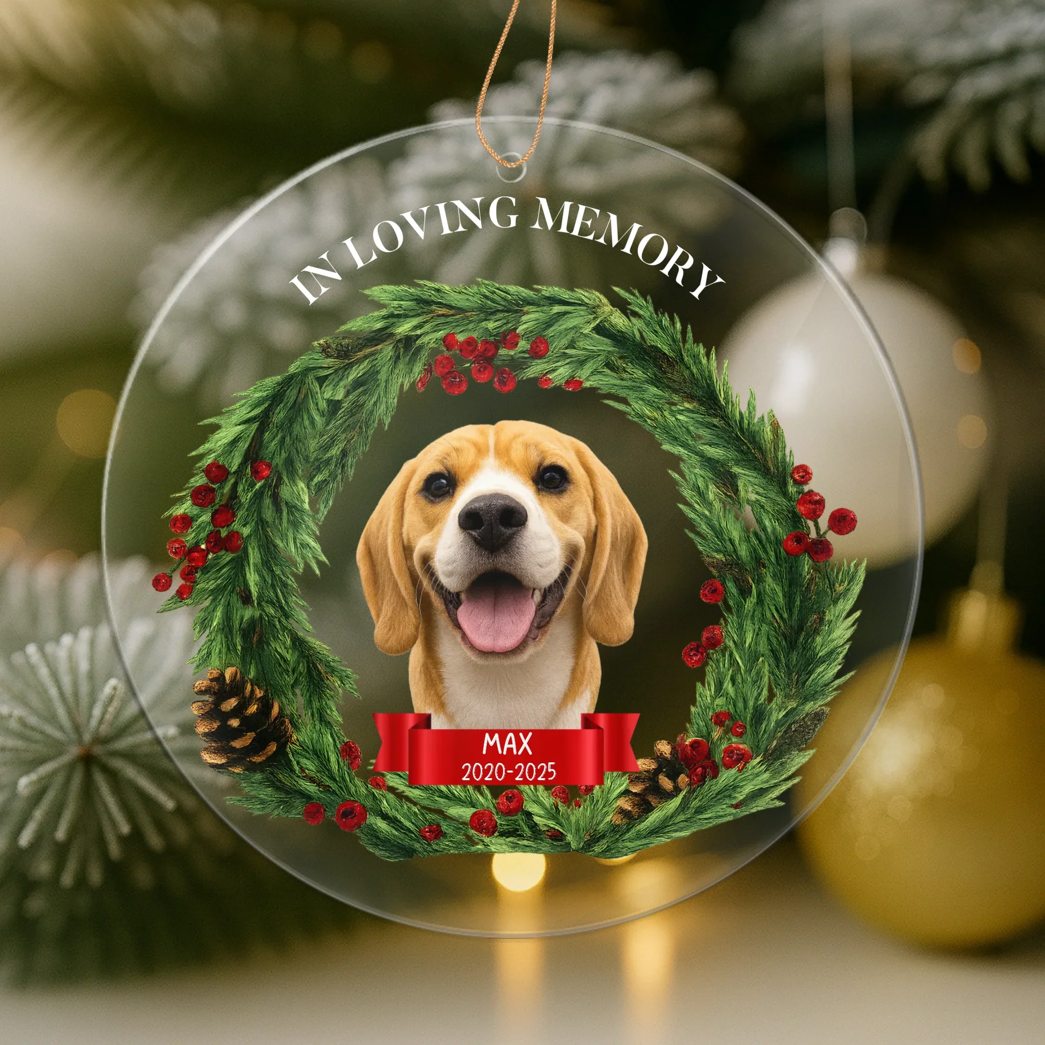 Personalized memorial Christmas ornament with custom photo face cutout to honor a loved one