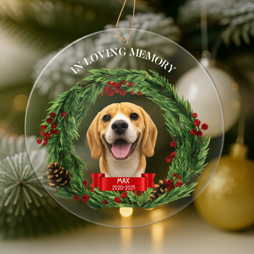 Personalized memorial Christmas ornament with custom photo face cutout to honor a loved one