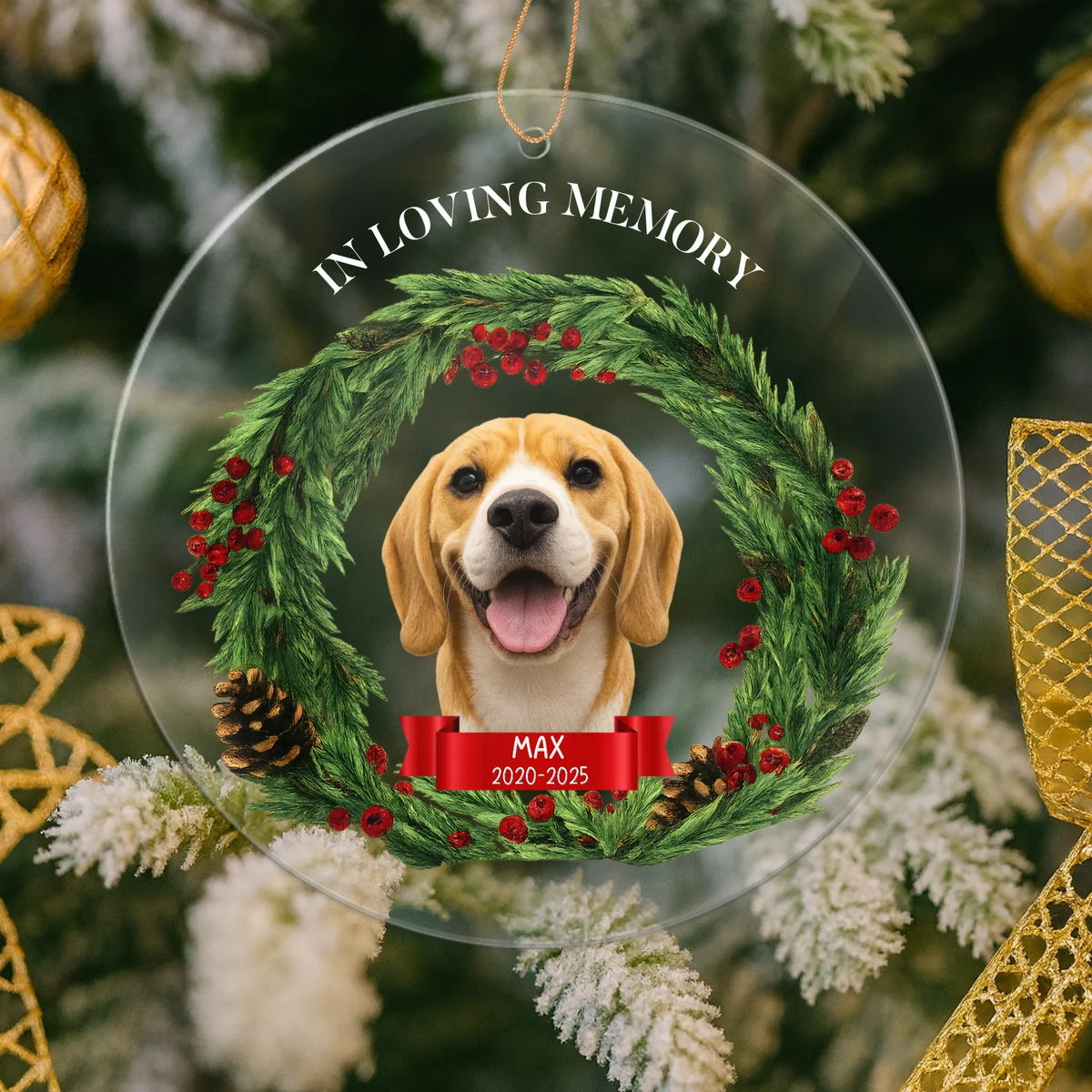 Personalized memorial Christmas ornament with custom photo face cutout to honor a loved one