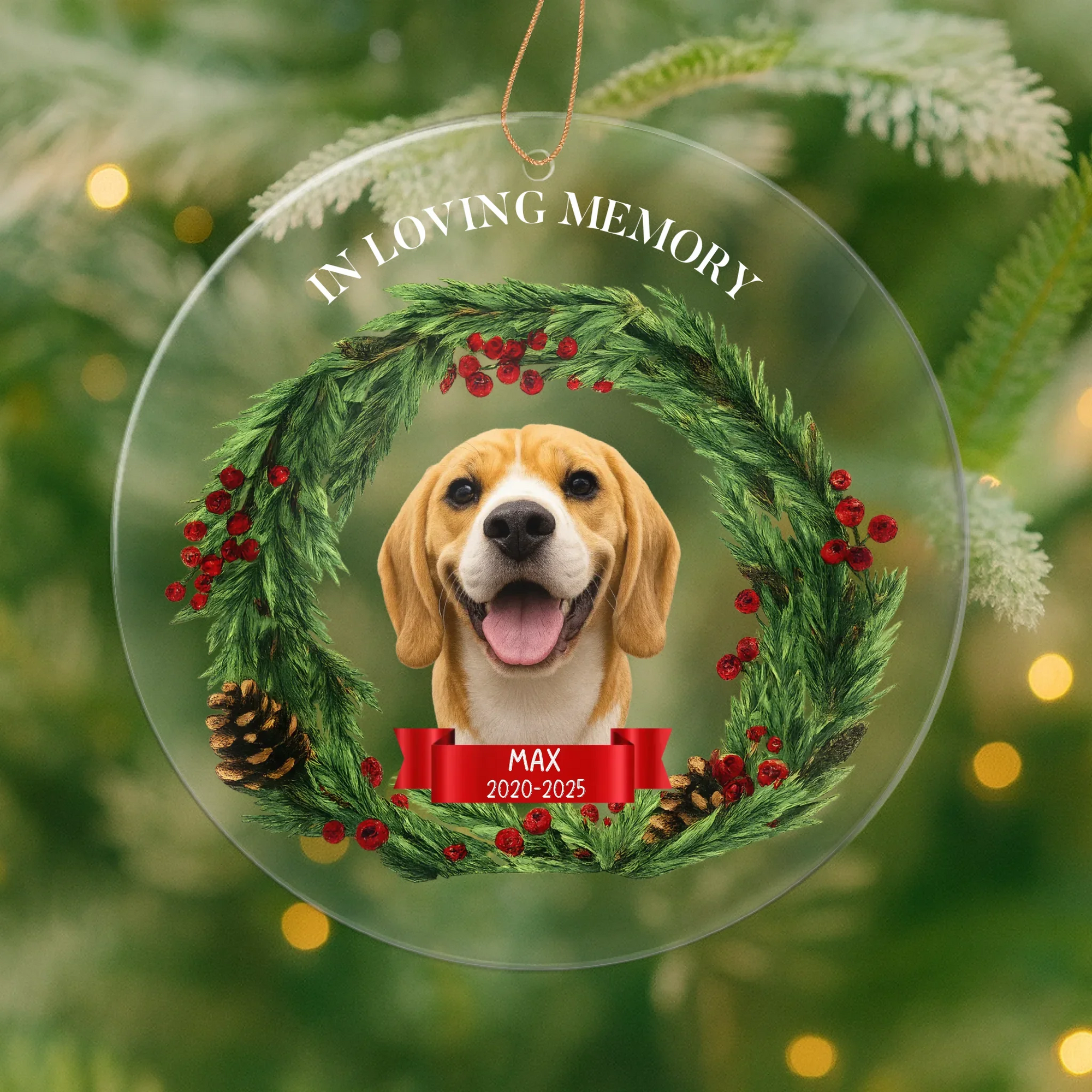 Personalized memorial Christmas ornament with custom photo face cutout to honor a loved one