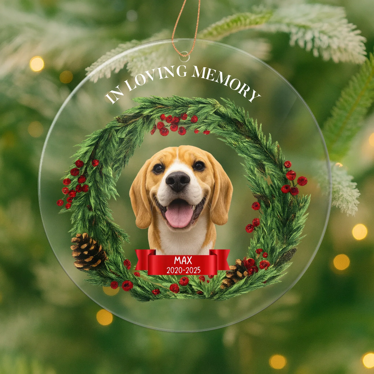 Personalized memorial Christmas ornament with custom photo face cutout to honor a loved one
