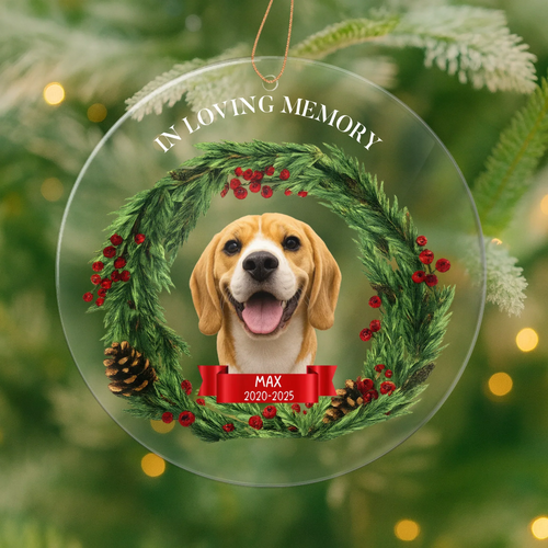 Personalized memorial Christmas ornament with custom photo face cutout to honor a loved one