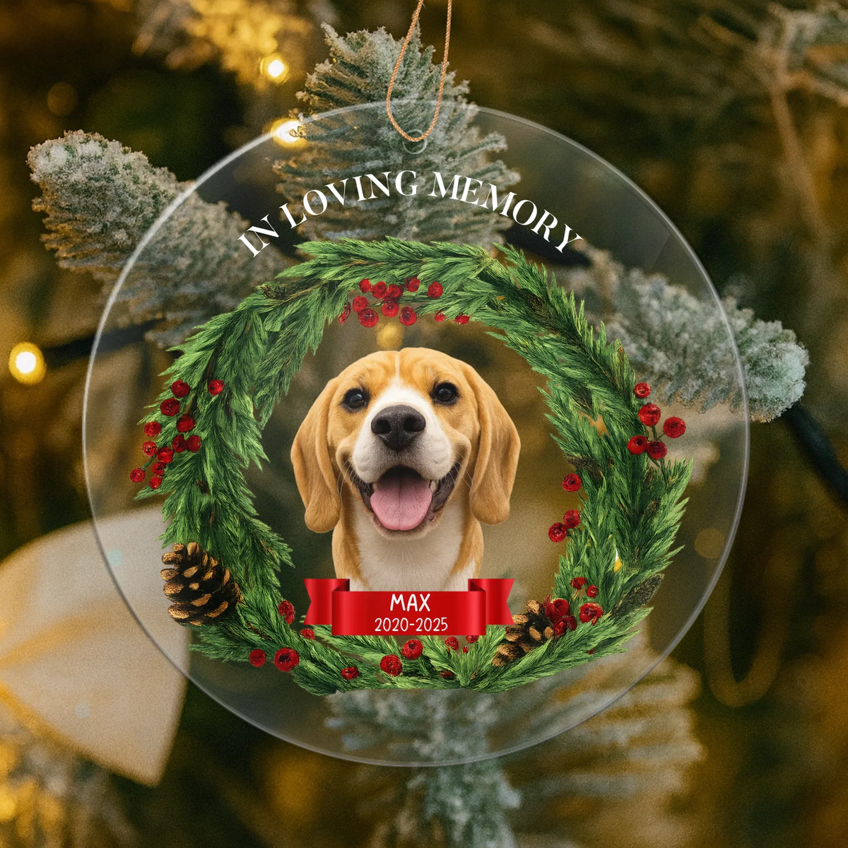Personalized memorial Christmas ornament with custom photo face cutout to honor a loved one