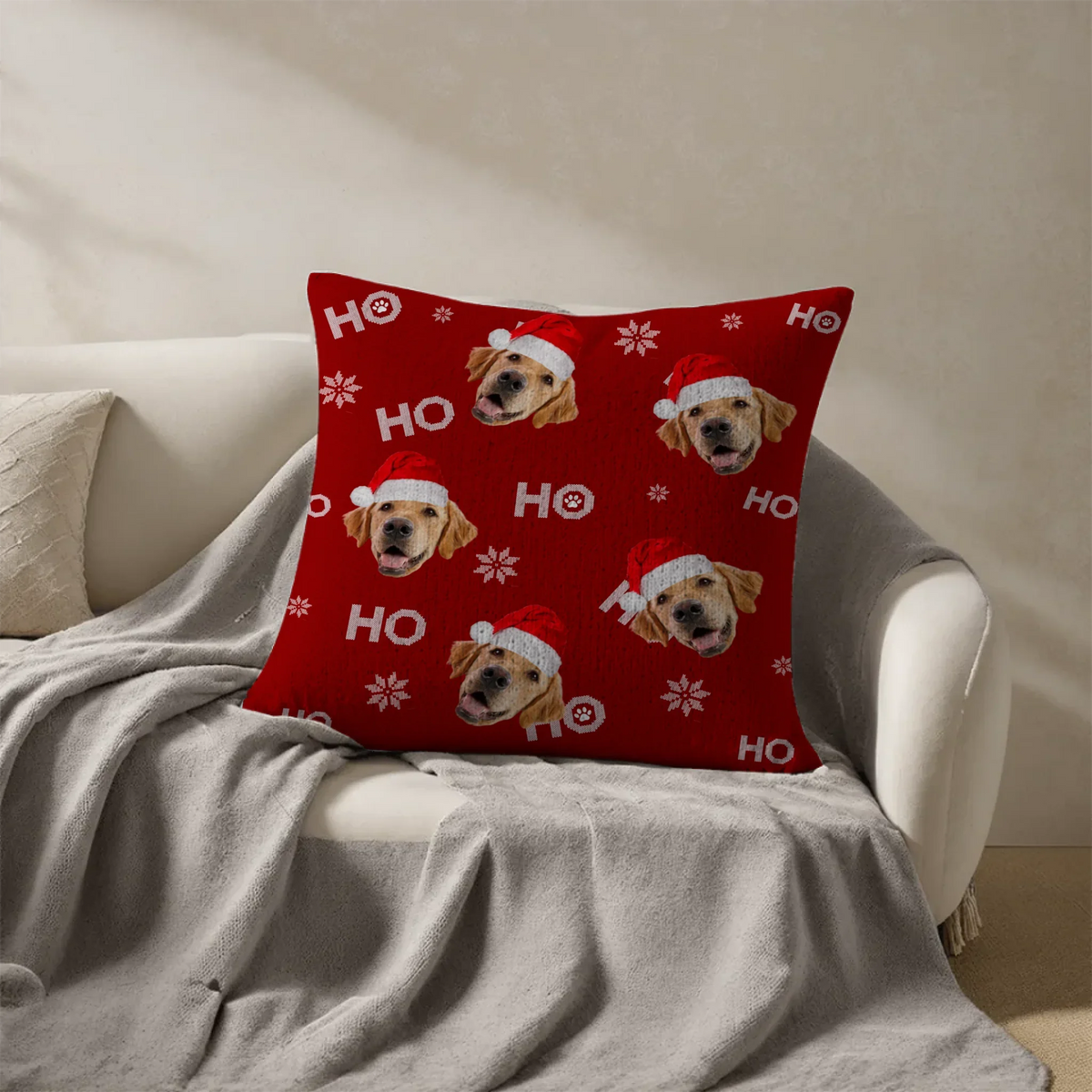 Personalized Christmas throw pillow with custom photo of your dog or cat in festive design
